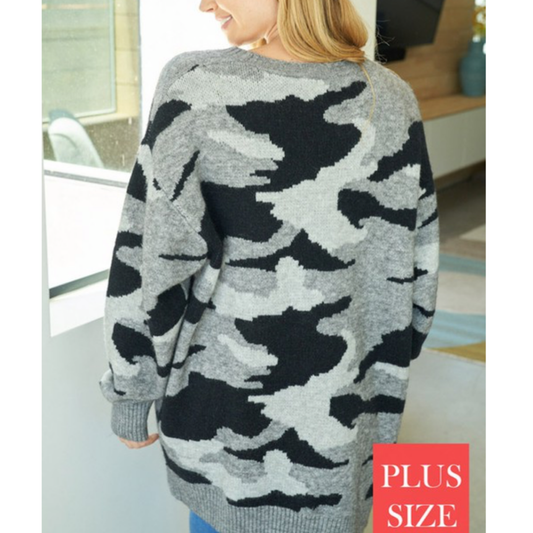 Grey Camo Cardigan-Curvy