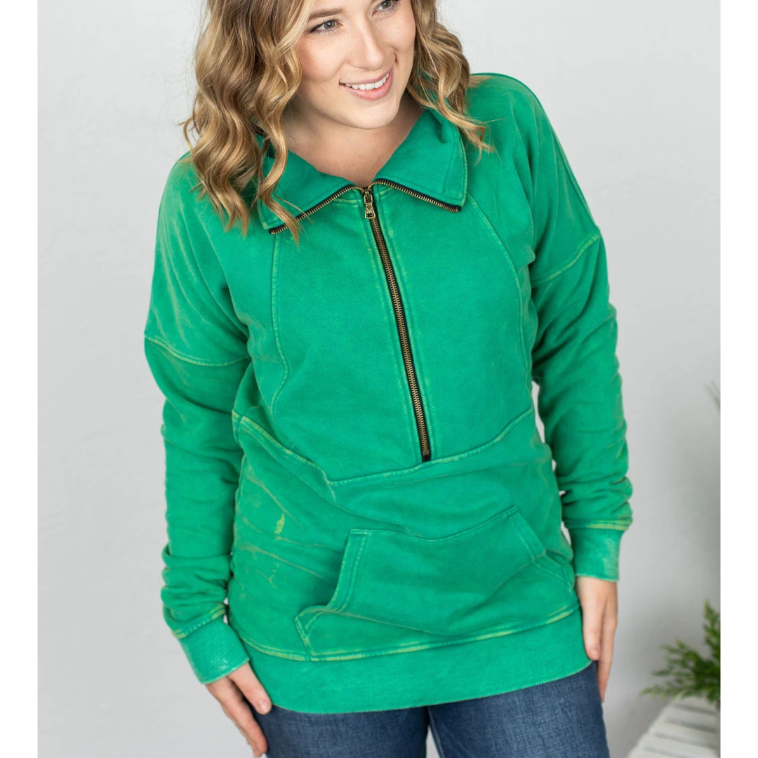 Green Vintage Wash Half Zip Ups-3XL