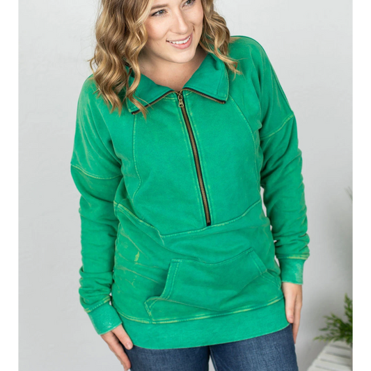 Green Vintage Wash Half Zip Ups-3XL