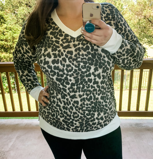 Leopard Long Sleeve V-Neck-Curvy