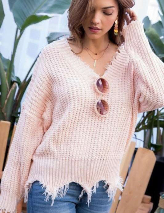Crushing on You Frayed Sweater- Blush